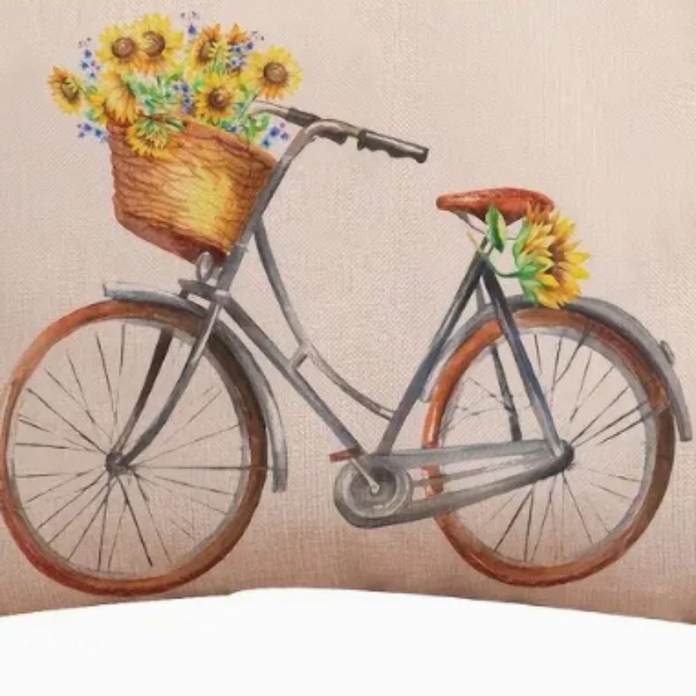 NEW LIFE IS BEAUTIFUL RIDE VINTAGE BICYCLE SUNFLOWERS LINEN PILLOW COVER 17.7" - Picture 5 of 5